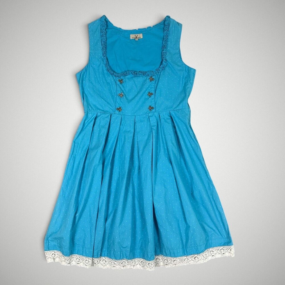 Waldschütz Oktoberfest Dirndl Dress Blue Polka Dot Lace Trim German Sz EU 44/46